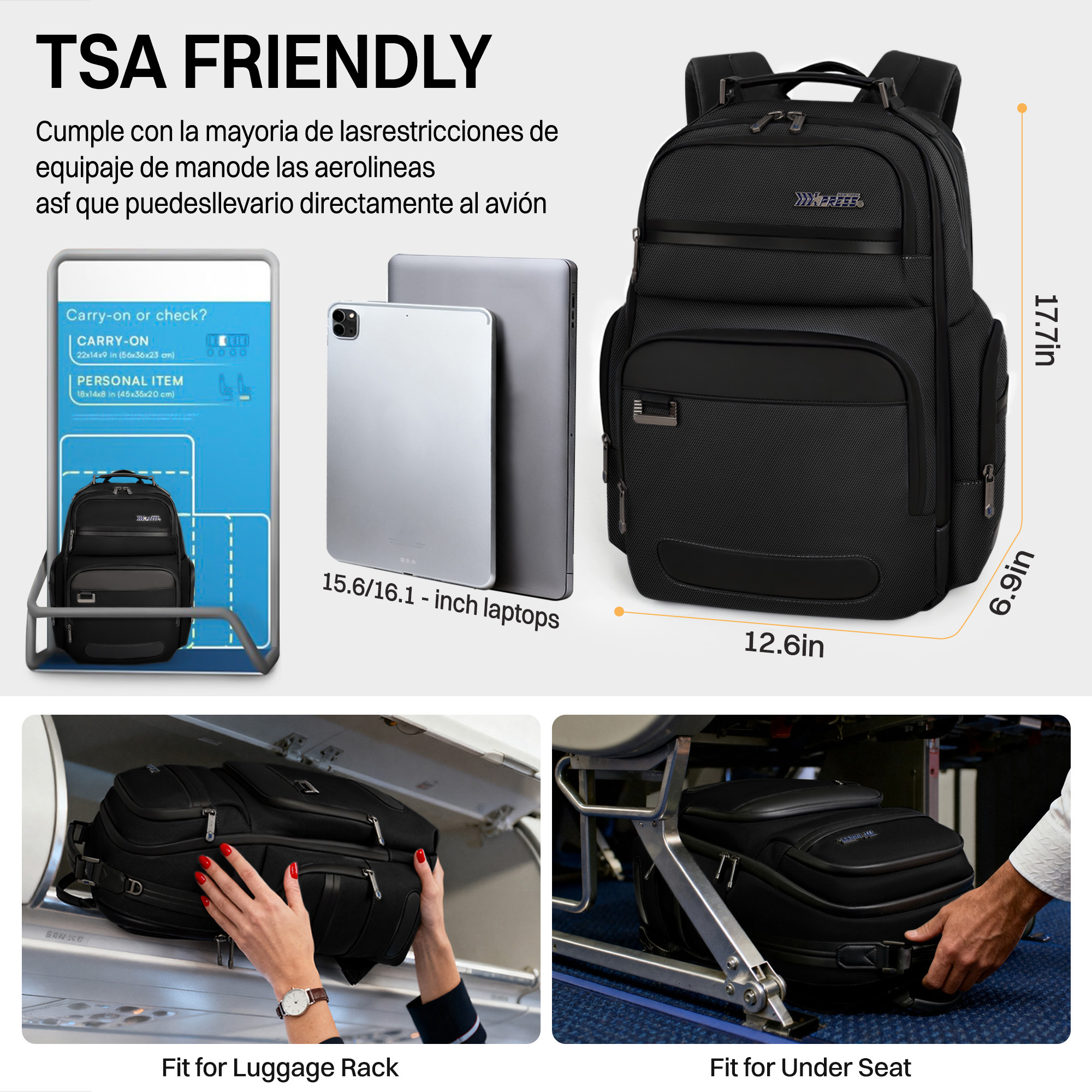 Laptop Backpack for Men Carry On Business Travel Backpack Large Casual Work Daypack Computer Bag Fits 15.6" Laptop, Black, B00492