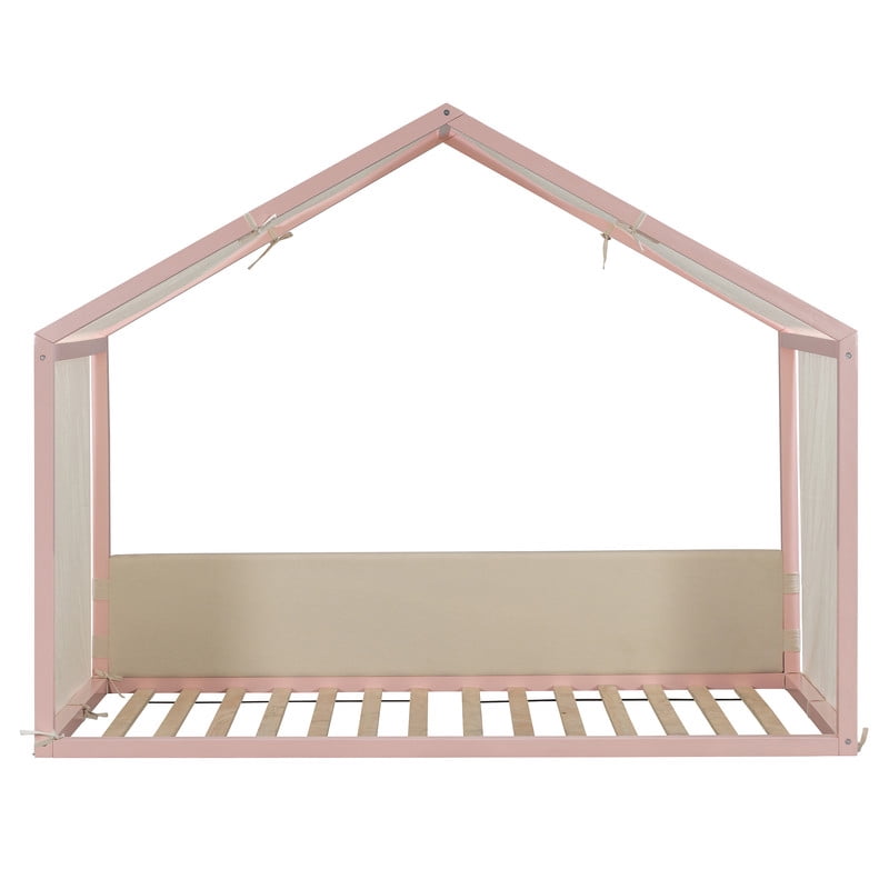 Twin Size Canopy Bed with Upholstered Velvet Side Panels and Breathable Linen Canopy Top, Soft-Padded Platform Bed Floor Montessori Bed for Kids Bedroom