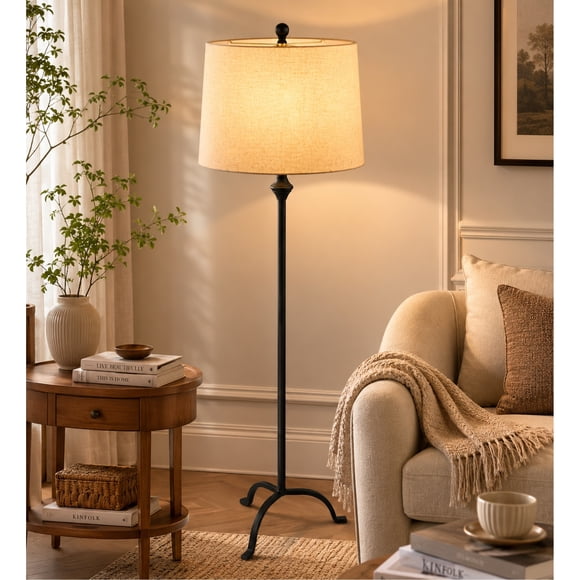 Toytexx Floor Lamp with Beige Drum Shade and Black Metal Tripod Base, 59.1 in Standing Lamp for Living Room, Bedroom, Home Office