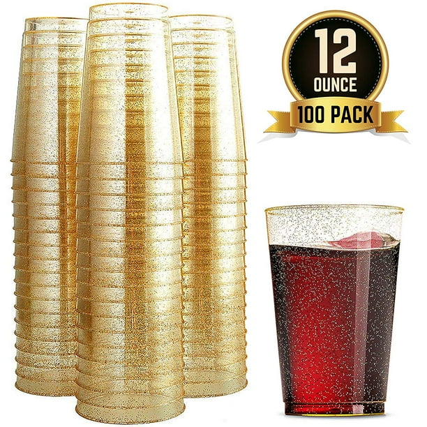 100 Glitter Plastic Cups 12 Oz Clear Plastic Cups Tumblers Gold Glitter ...