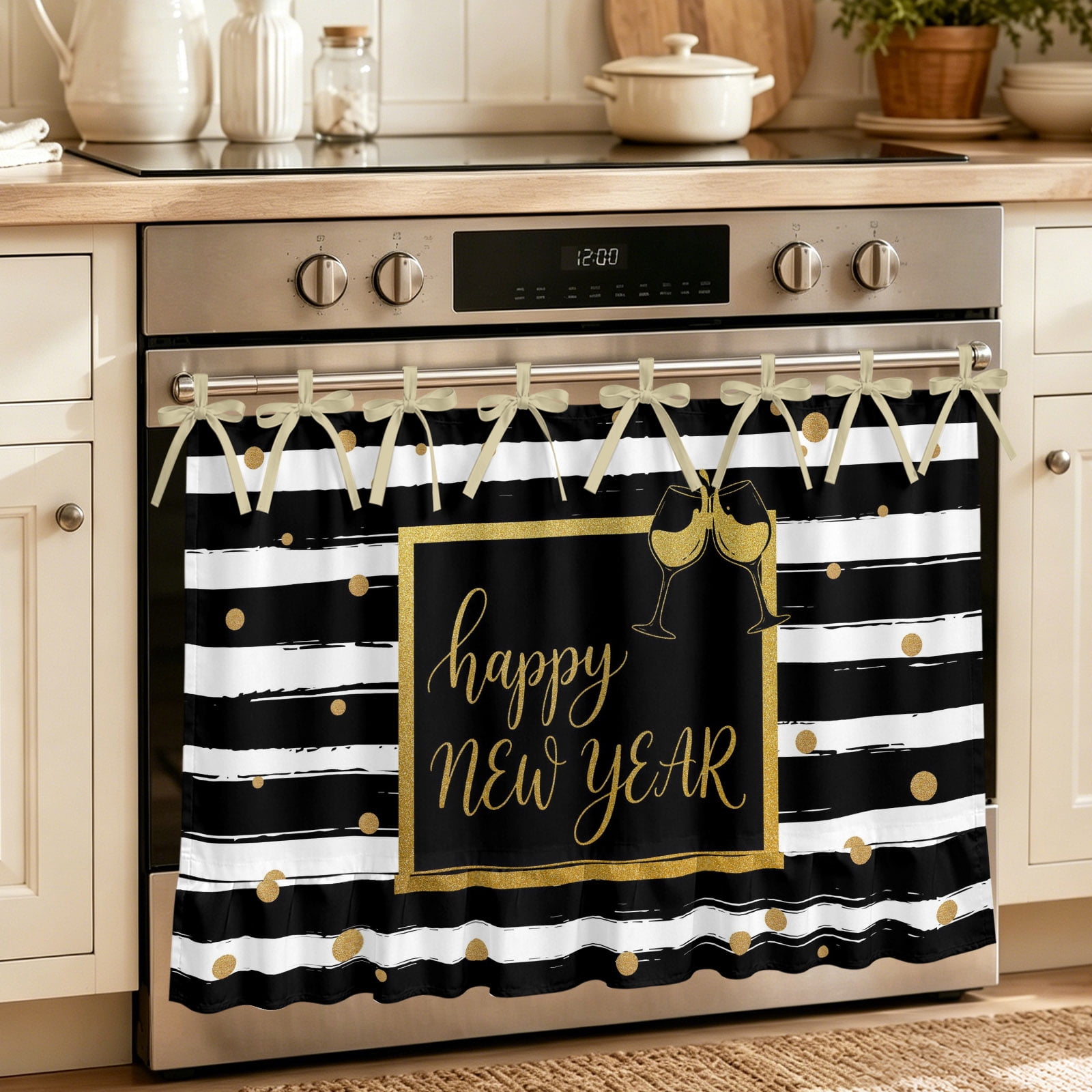 Oven Skirt Curtain for Kitchen 20x27 Inch Happy New Year Oven Curtain with 8 Ribbon Ties & Ruffle Trim Stove Skirt Curtain Dishwasher for Cabinets Yellow Champagne Polka Dot White Black Stripes
