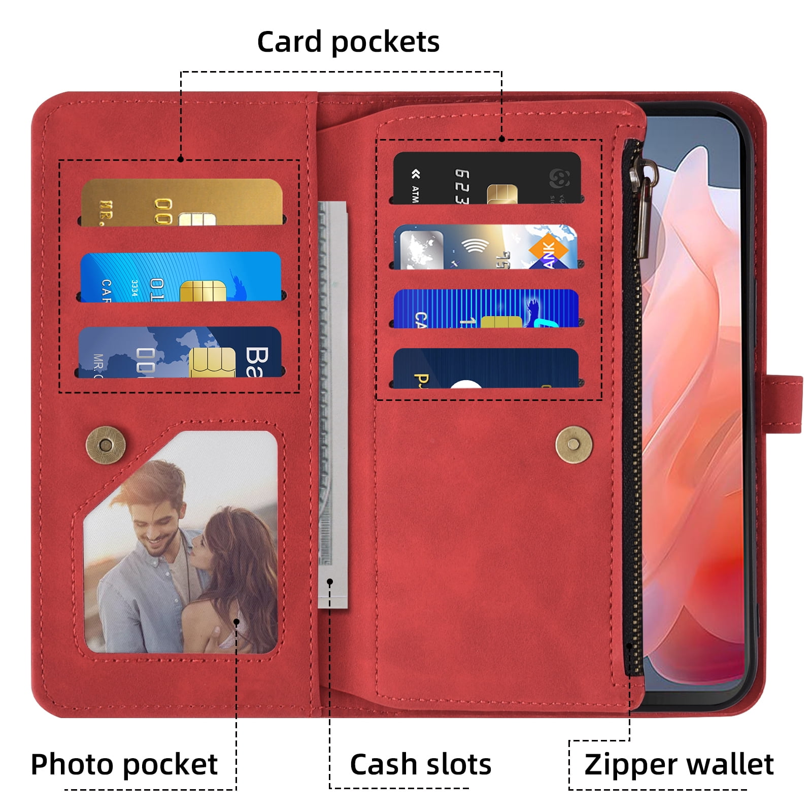 Asuwish Phone Case for Motorola Moto G Play 4G 2024 Wallet Cover With Tempered Glass Screen Protector Crossbody Wrist Strap Flip Pattern Zipper Credit Card Holder Cell XT2413V XT2413-1 64GB Women Red