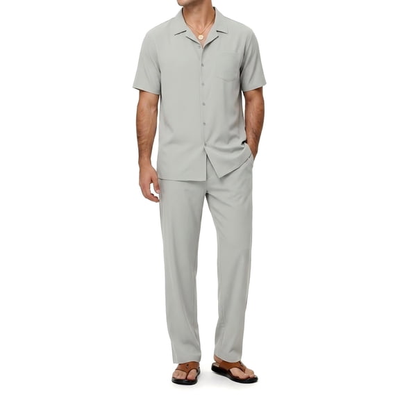 Men's Beach Outfit 2 Piece Casual Button Down Shirt Short Sleeve Loose Shirts and Pants Vacation Sets for Men