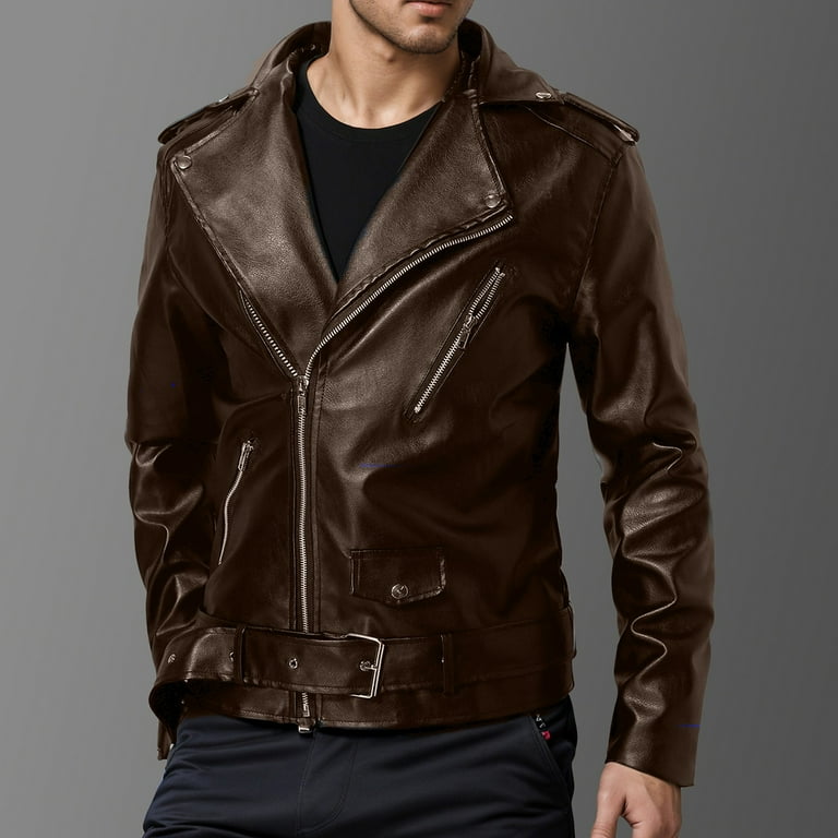 Clearance 2024! ZVNAΖH Men's PU Leather Jacket Causal Belted Faux