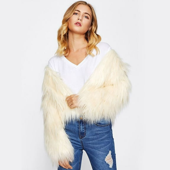 BLTIBY Women's Faux Fur Cardigan Coat Winter Fall Fuzzy Warm Fleece Cropped Jacket Elegant Open Front Casual Dressy Outerwear White L