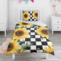 Sunflowers Bees Checkered Duvet Cover and Pillowcase Set for Single Bedding, Bedroom Accessories for Kids Teens