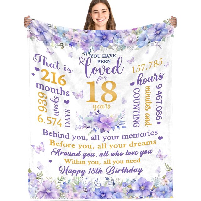 LHSHID 18th Birthday Blanket Gifts 18 Years Old Purple Floral Gift for Girls 18th Birthday Decorations for Daughter Friends 18th Bithday Soft Throw Blanket 50"x60"