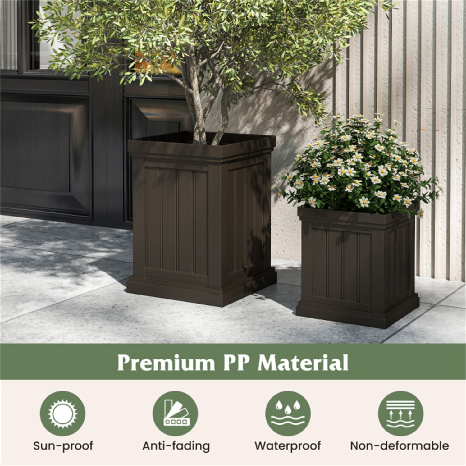 Set of 2 Stackable PP Planters with Efficient Drainage Holes, Weather-Resistant Flower Pots for Indoor Outdoor Use