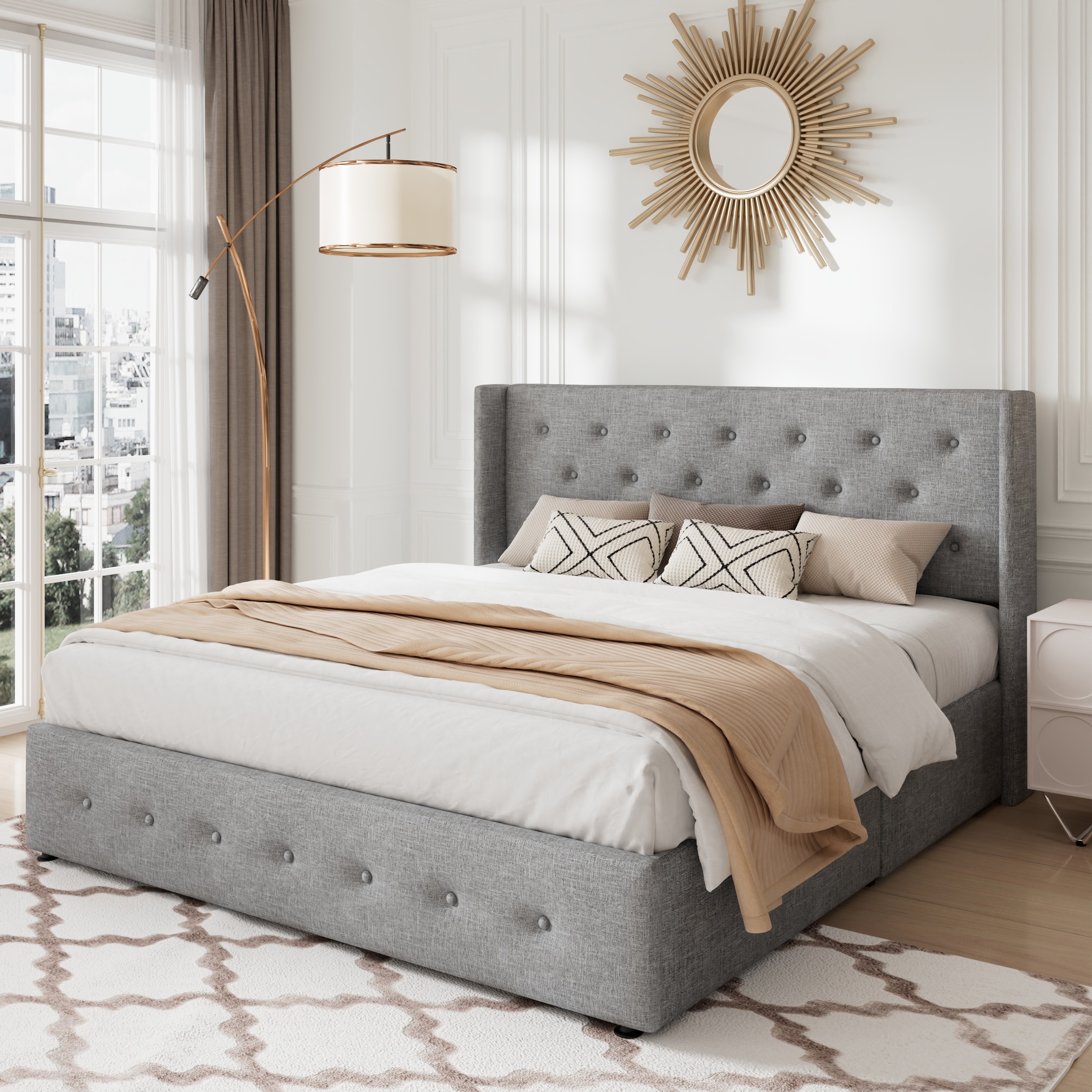 Allewie Queen Size Lift Up Platform Storage Bed Frame with Button Tufted Upholstered Wingback Headboard, Light Gray