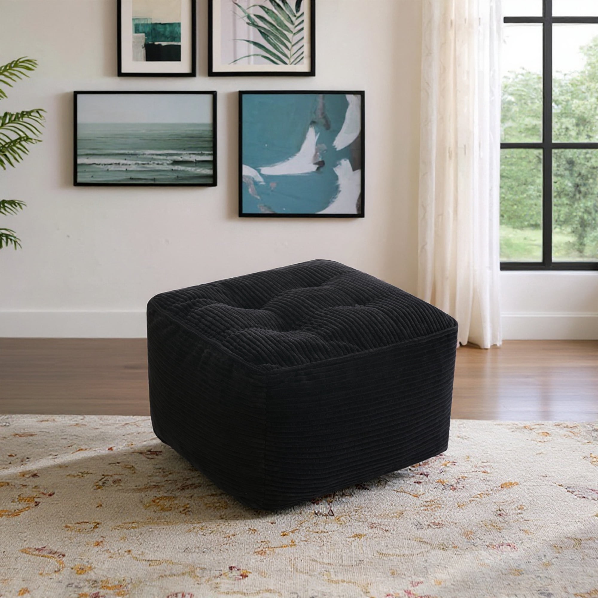 Black Corduroy Round Pouf Ottoman, Foot Rest, Foam Chunk Filling