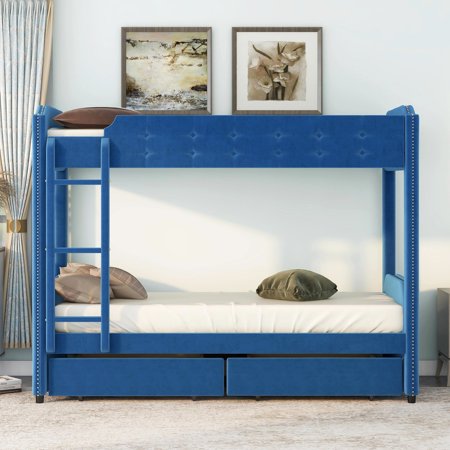 Mqlnutr Twin over Twin Upholstered Bunk Bed with Two Drawers  Button-Tufted Headboard and Footboard Design