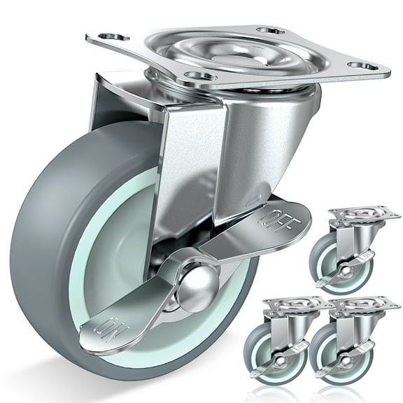 HOLKIE 3 inch Caster Wheels with Side Brakes, TPR Swivel Casters Set of 4 for Workbench Furniture or Other Equipments Load Capacity 500LBS