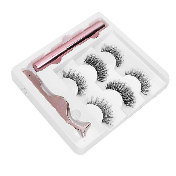 3 Pairs Waterproof Reusable False Eyelashes Magnetic Liquid Eyeliner Tweezers SetM1