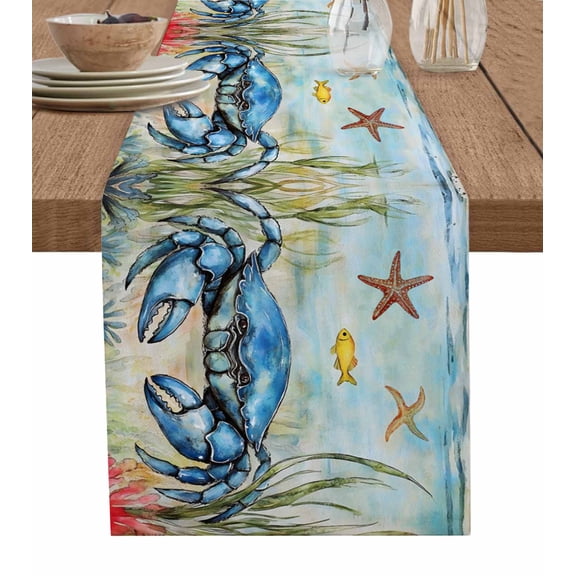 Blue Crab Coastal Table Runner 72 Inches, Nautical Starfish Beach Ocean Coral Bed Runner Dresser Scarves Tabletop for Indoor Outdoor Parties/Ceremony/Banquet, 13" x 72"