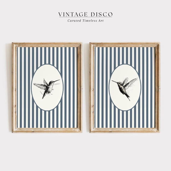 Luvia Nancy Meyers Navy Striped Hummingbird Sketch Set Of 2 Coastal Grandma Decor, French Country Cottagecore Decor, Vintage, Modern Wall Decor Set 2 Prints 8x12 UNFRAMED