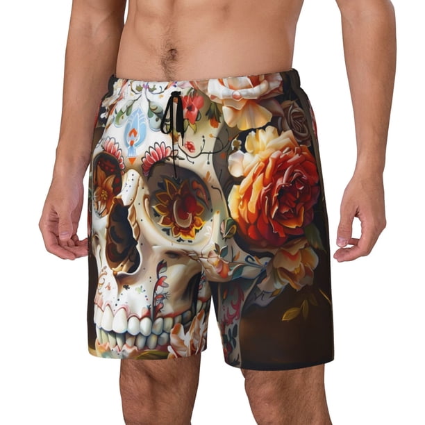 Balery Rose Floral Skull Bañador para hombre, shorts de playa de secado rápido con entrepierna y forro de compresión-3X-Large