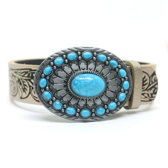 Eye Catching Waist Belt with Turquoise Buckle Embossed PU1eatherWaist Belts for Women Coat Dress Adjustable Length