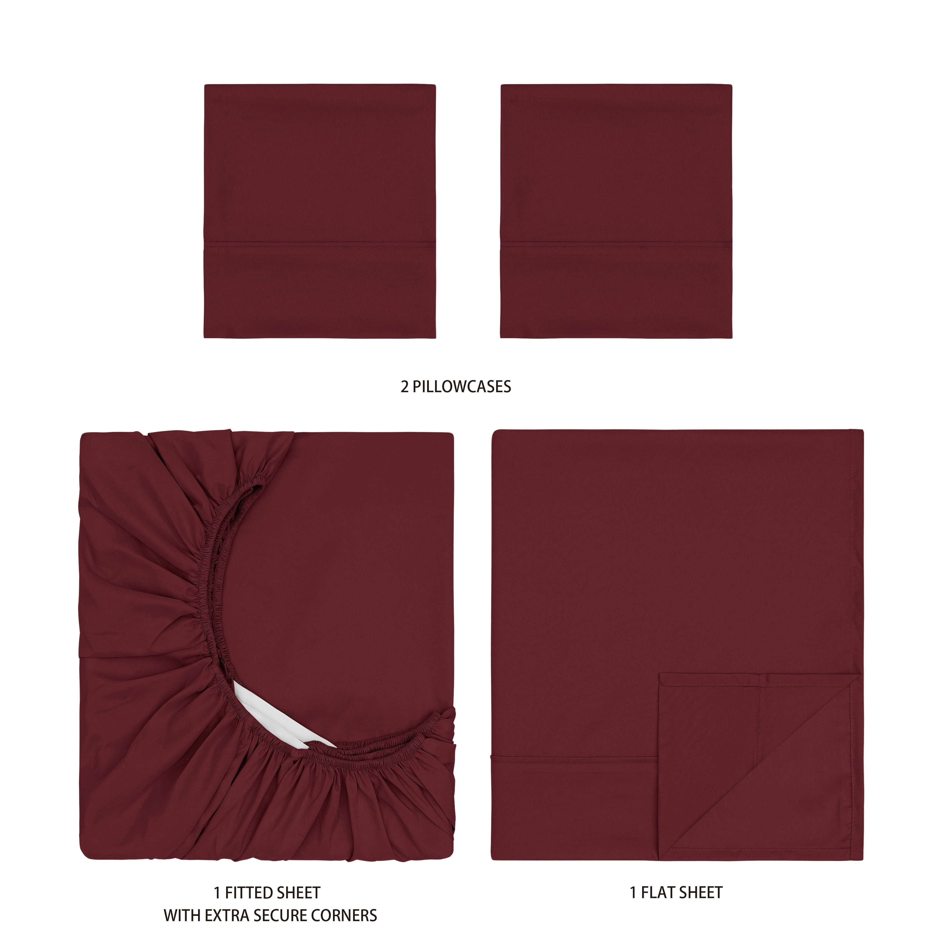 Mainstays Super Soft Brushed Microfiber Bed Sheet Set, Luscious Red Merlot, King, 4 Piece