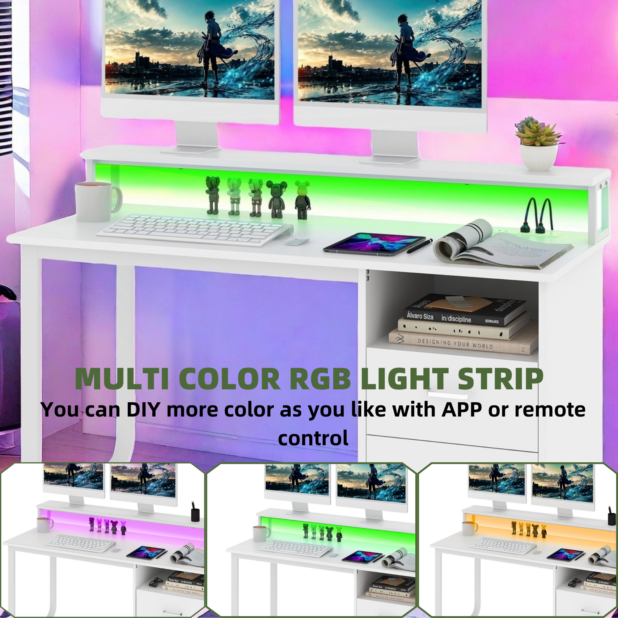 Uforic Computer Desk With LED Light & 2 Drawers, 47" Modern Office Desk for Home Office, White