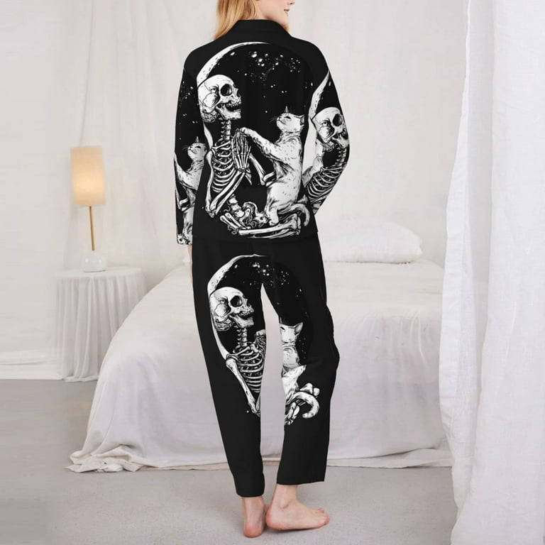Halloween Pajamas Women Halloween Vintage Skeleton Cat Womens Pajama Sets Soft Sleepwear Comfy Pajamas for Women Set Long Sleeve Ladies 2 Piece Pj Lounge Sets with Pockets Walmart