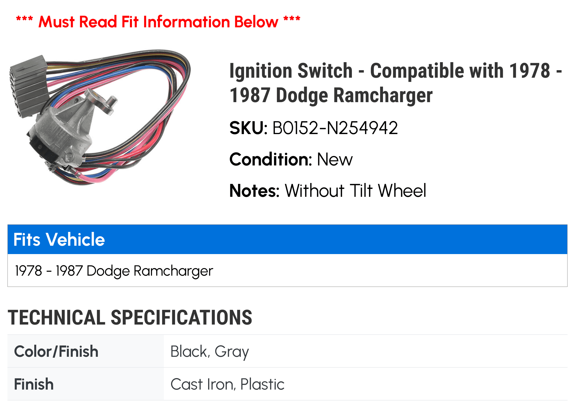 Ignition Switch - Compatible with 1978 - 1987 Dodge Ramcharger 1979 1980 1981 1982 1983 1984 1985 1986