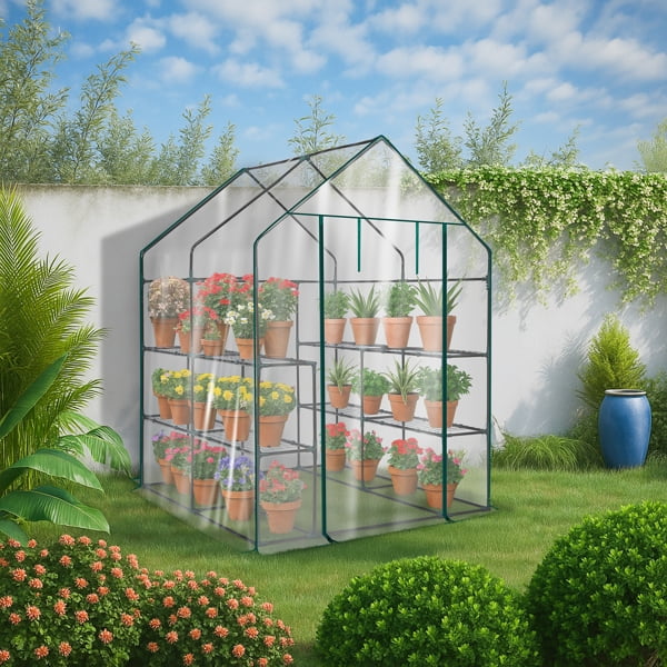 Mini Walk-in Greenhouse with PVC Cover, 8-Shelf Indoor Outdoor Plant Gardening Green House for Garden Backyard, 56" x 56" x 77", Transparent
