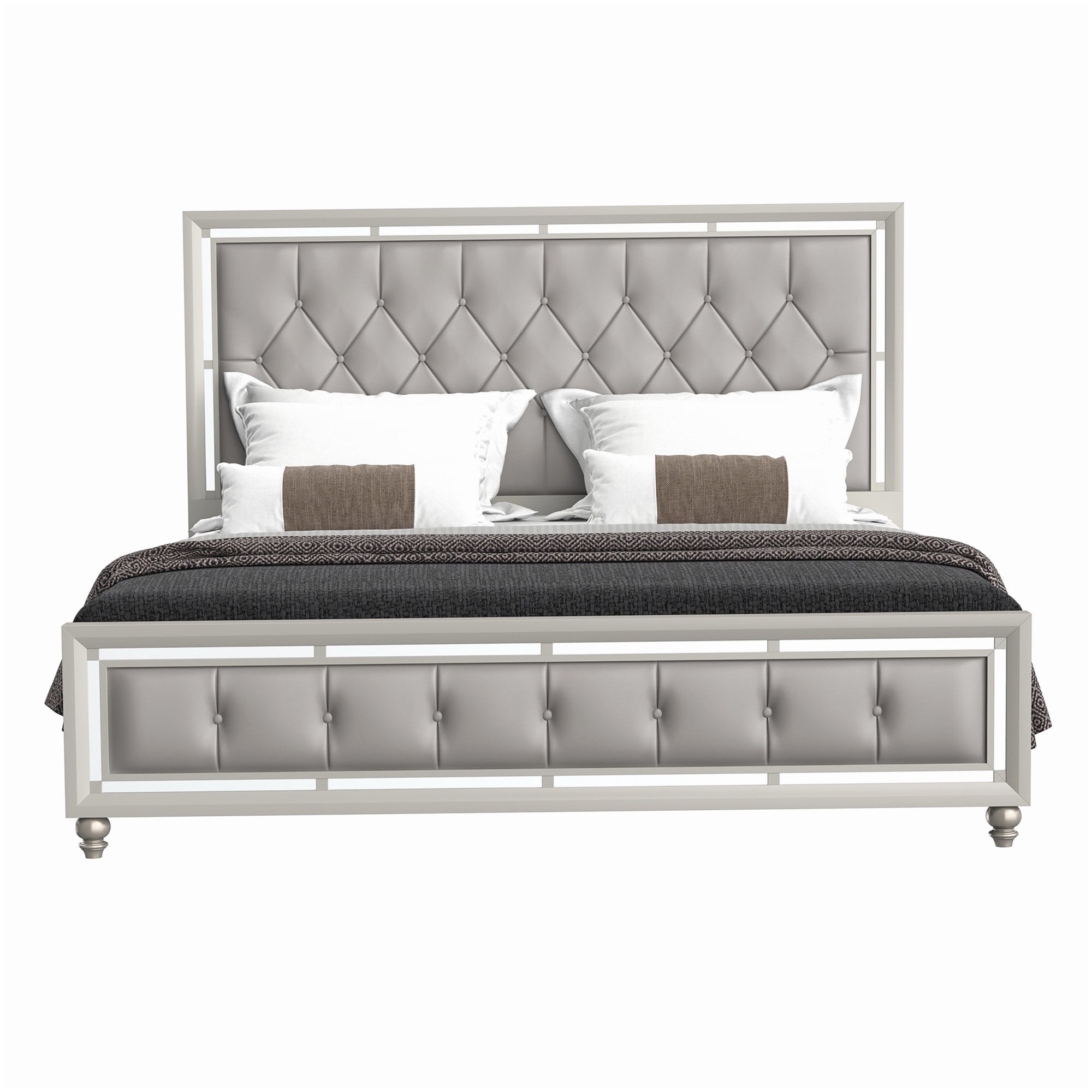 King Size Upholstered Bed Frame, Silver Modern Design with Gemstone Tufting and Low Footboard
