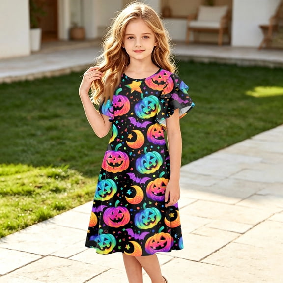 Grblisyd Halloween Girls Summer Dress Fashion Ruffle Short Sleeve Dresses Cute Ghost Pumpkin Print Crew Neck A-Line Dress