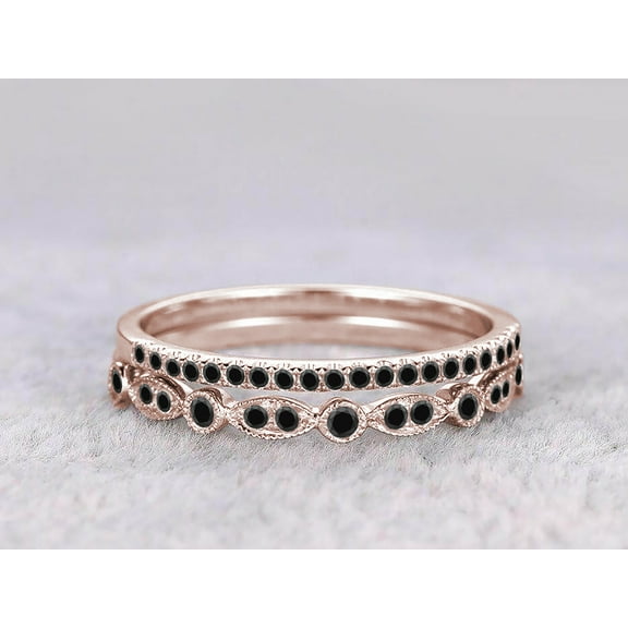0.5 Carat 2 pcs Black Diamond Moissanite Wedding Ring Set Stacking Art Deco Wedding Band Ring Set 925 Sterling Silver With 18k Rose Gold Plating