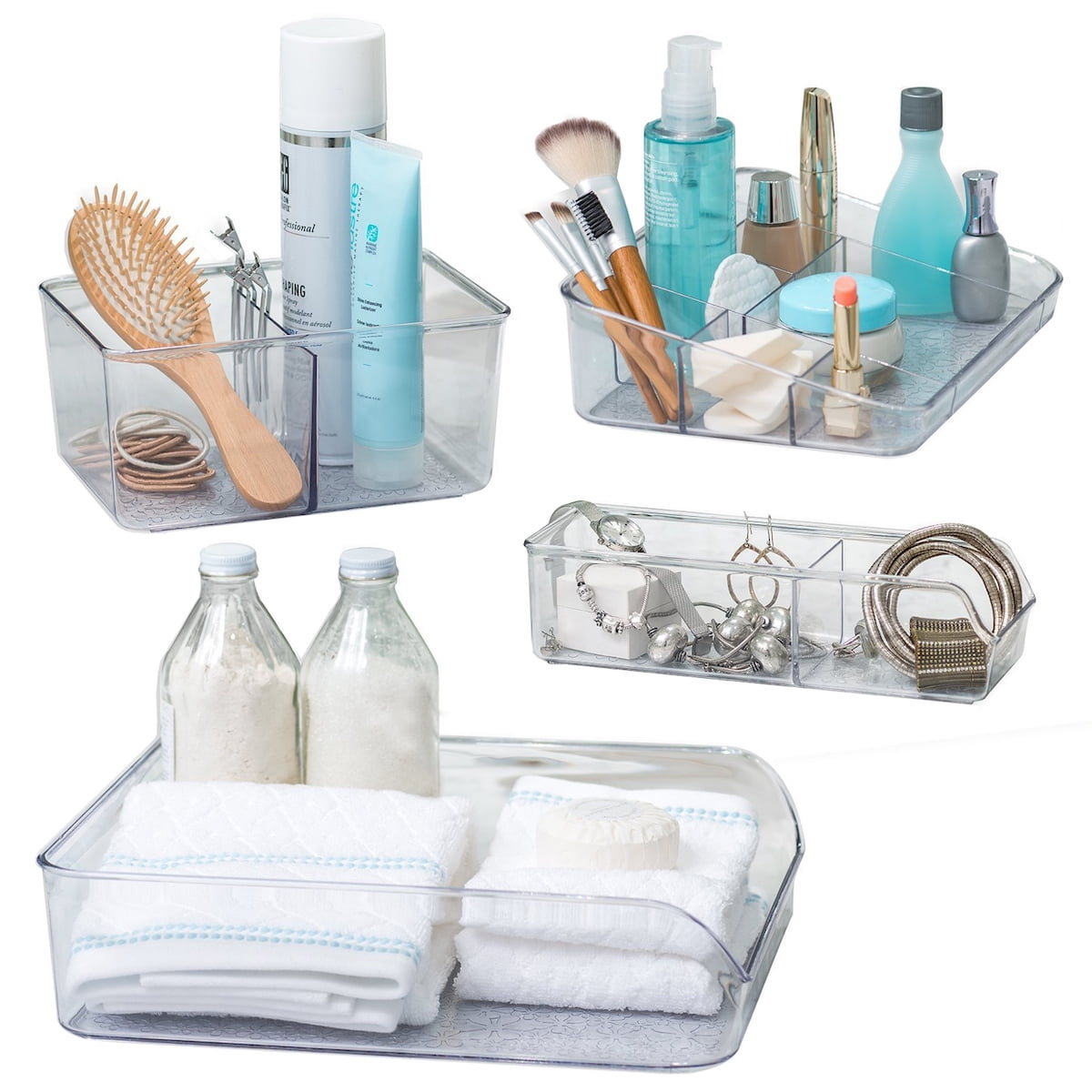 Better Living Set Of 4 Vanity Trays For Bathroom Storage Cosmetic Organizers Towel Basket Makeup Walmart Com Walmart Com