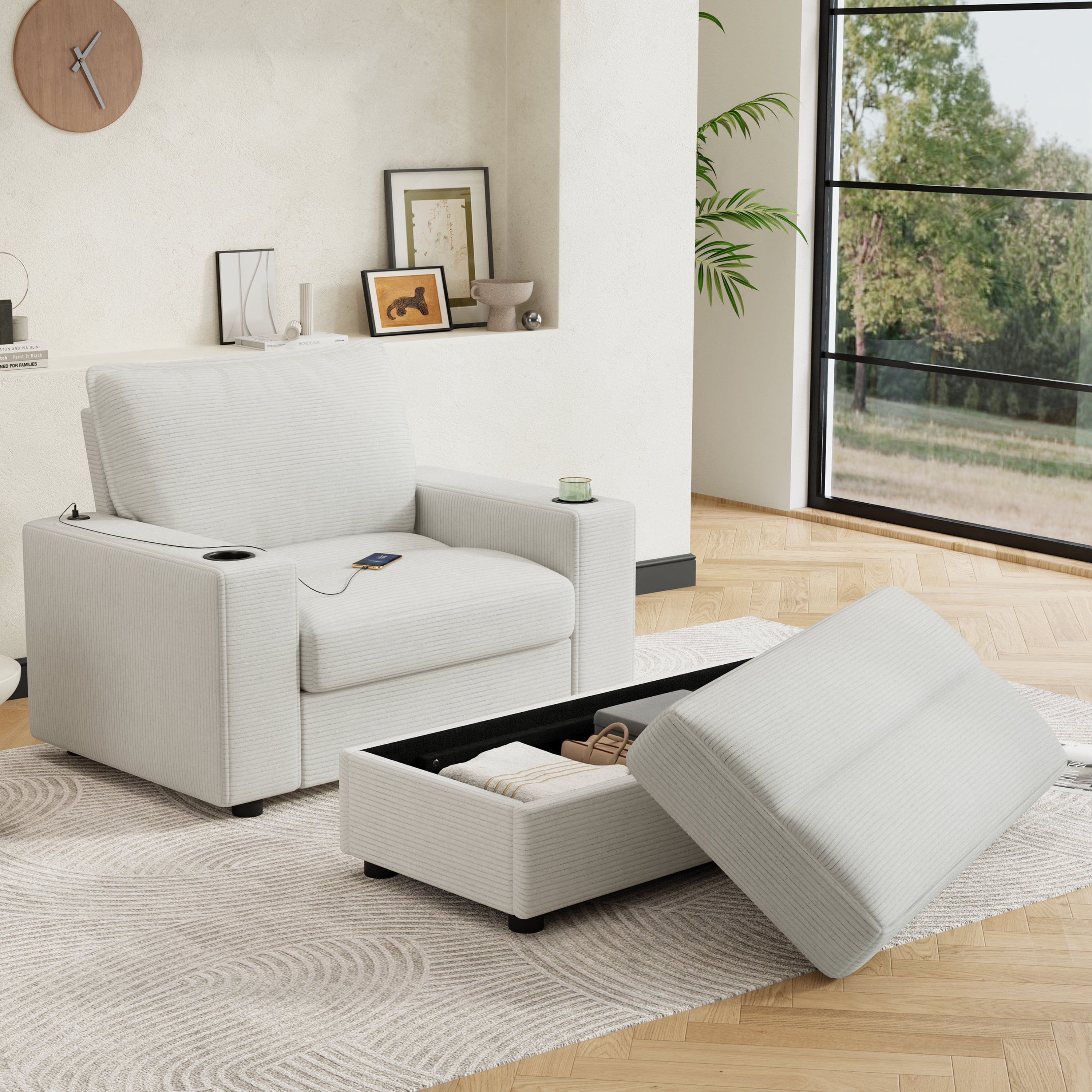 Chaise Lounge Chair, Oversized Sofa Bed with Storage Ottoman and Built-in USB Charging Port, Corduroy Upholstered Sleeper with Dual Cup Holders and Deep Seat, Reading Couch, Beige