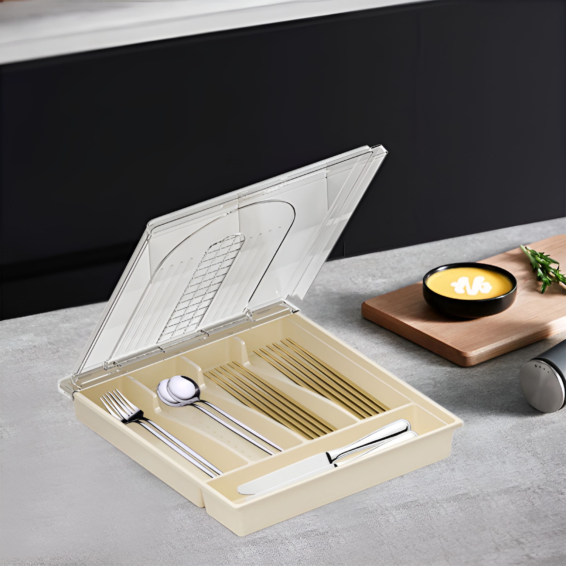 ACDANC 2026 New Silverware Tray with Lid,Utensil Drawer Organizer for Kitchen Countertop Plastic Flatware Organizers and Storage Holder 5 Compartments Kitchen Drawer Organizers for Utensils