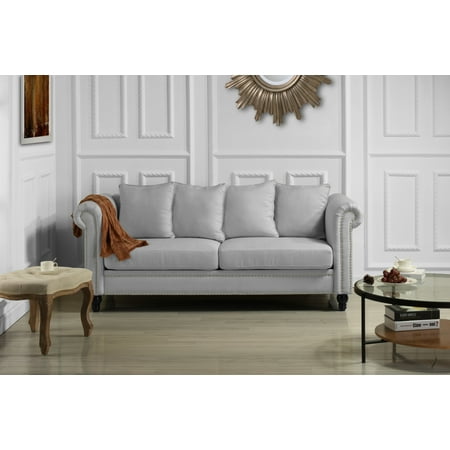 Classic Chesterfield Scroll Arm Linen Living Room Sofa With