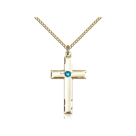 Gold Filled Cross Pendant with 3mm December Blue Swarovski Crystal 1 1/8 x 5/8 inches with Gold Filled Lite Curb Chain