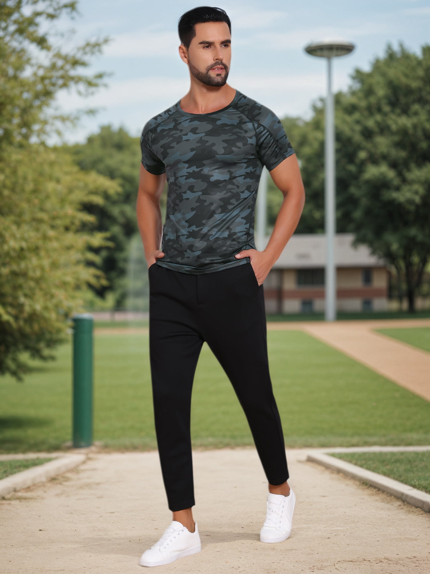 DARING DIVA Men's Workout Stretch Crew Neck Short Sleeve T-Shirt L Dark Gray