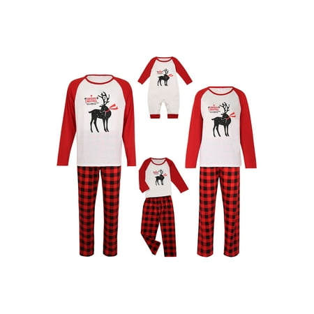 

Qiylii Christmas Family Matching Cartoon Reindeer Tops Plaid Trousers Pajamas