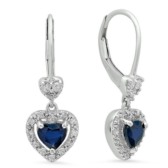 1.50 Carat (ctw) 14K White Gold Heart Cut Blue Sapphire & Round Cut White Diamond Ladies Heart Dangling Drop Earrings 1
