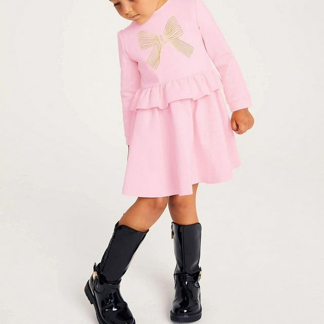 Odeerbi Niñas Vestido de Manga Larga Peplum Otoño Invierno Lazo Vestidos de Algodón Niños Solid Color Cuello Redondo Vestido