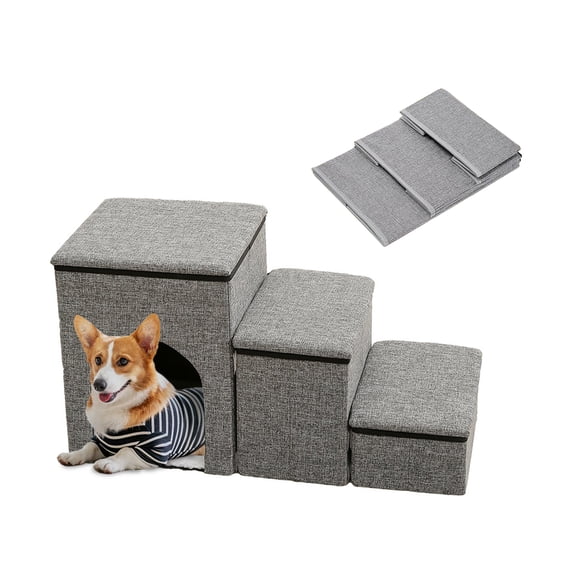 DABEN Dog Stairs with Folding Storage, Pet Srairs for Small Dogs Puppy and Cats,3-Step dog ramp Grey