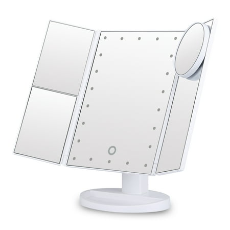 Ovonni Vanity Mkp Mirror Trifold 22 LED Lighted with Touch Screen, 2x/3x Magnification and 10x Magnifying Spot, Foldable 180°Adjustable Stand for Countertop Bathroom