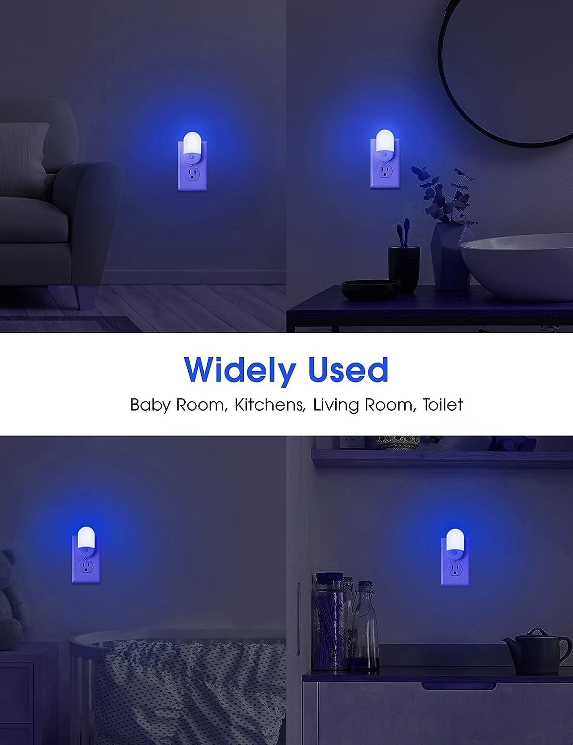 Blue Night Light, Night Lights Plug into Wall[2 Pack], 0.6W LED Nightlight, Dusk to Dawn Sensor, 30/60LM Adjustable Brightness, Automatic Night Light for Kid, Bathroom, Nursery, Hallway
