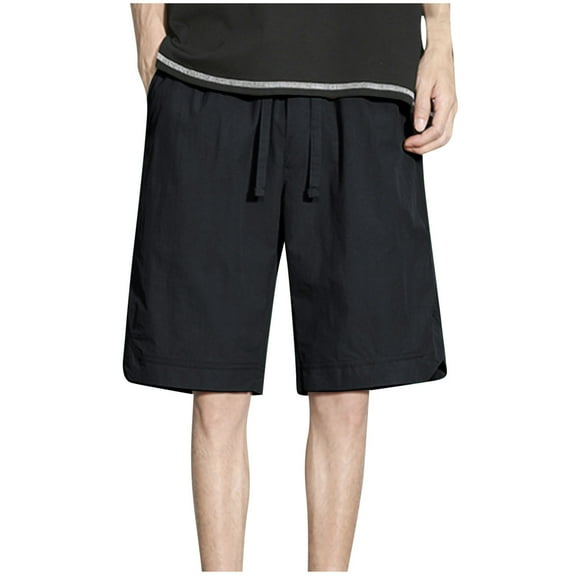 JUUYY Summer Shorts for Men Breathable Sports Shorts Loose Fit Casual Solid Half Pants Elastic Waist Drawstring Short Black L