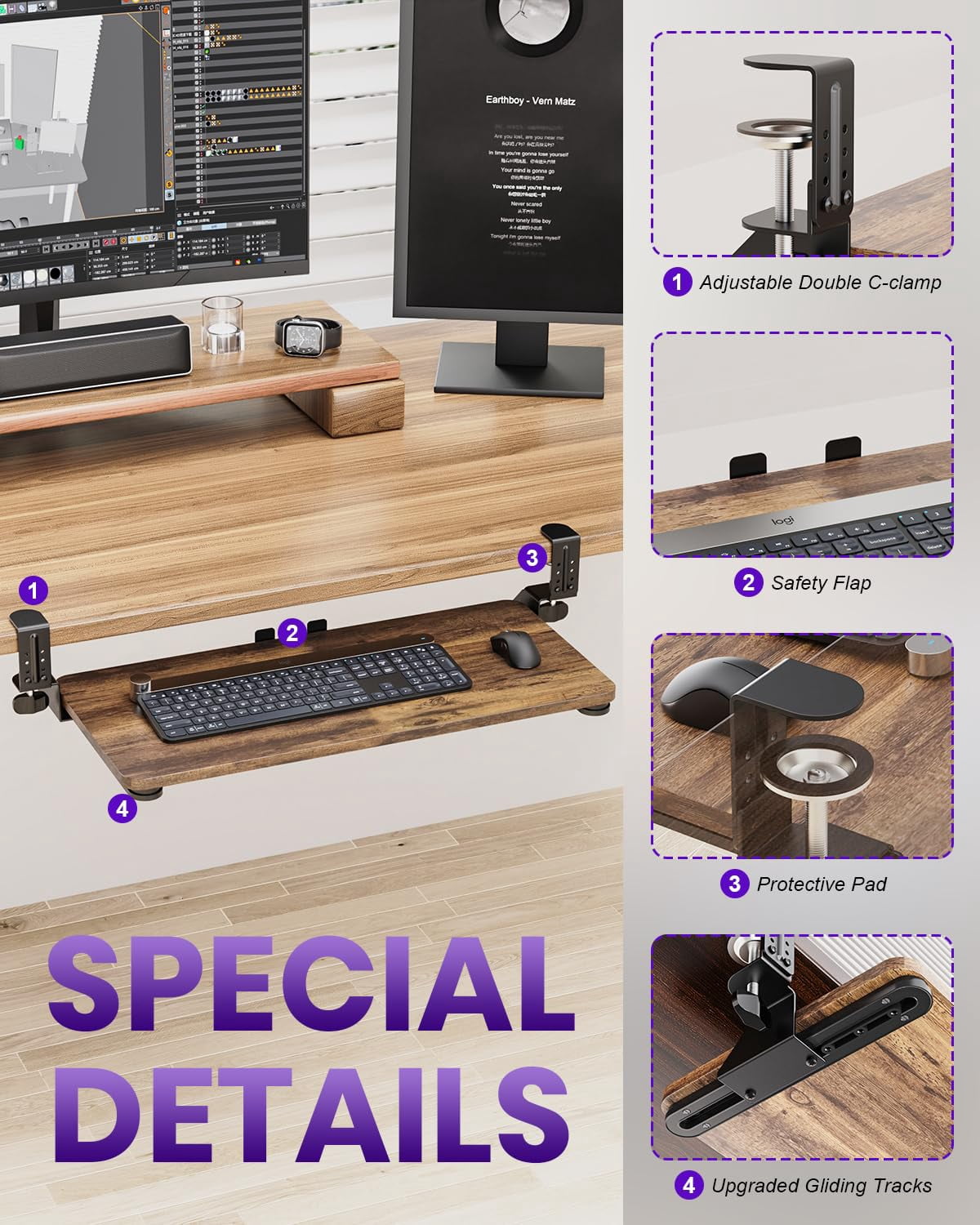 Mouse & Tray Under Desk  Pull Out With Adjustable C-clamp 20 (25.9 Including Clamps) X 11.8 Inch Slide Computer Drawer For Typing Rustic Brown