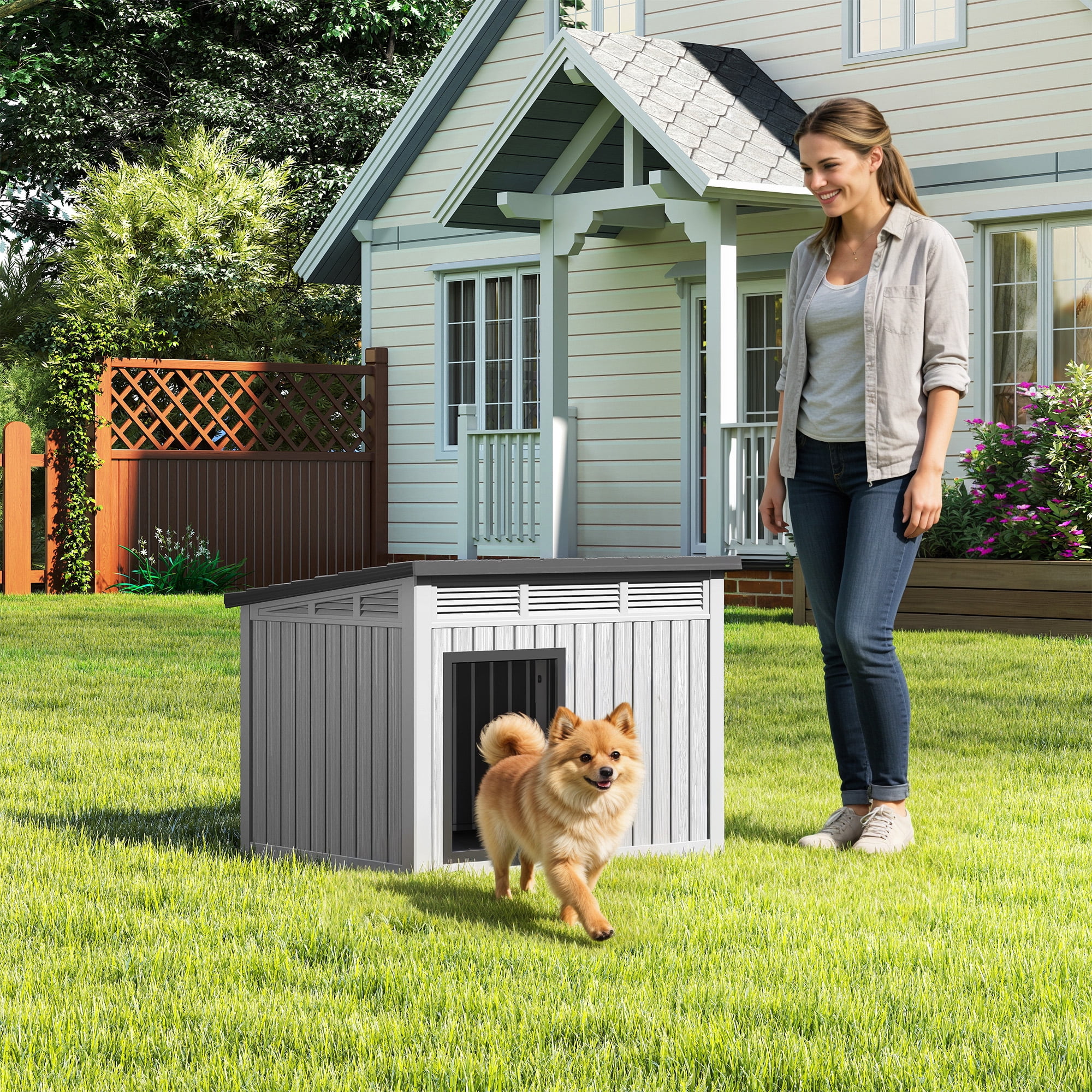 Nihsuao Waterproof Dog House for Small to Medium Dogs, Indoor Outdoor PP Kennel with Ventilated Design & Removable Roof, Easy to Clean, Gray, 31.2"L x 23.6"W x 21.6"H