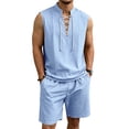 thumbnail image 2 of QSAWXQZ Men's Linen 2PC Lounge Set Stand Collar V Neck Sleeveless Loose Top Elastic Waist Shorts with Pocket Beach Outfit Casual for Summer S, 2 of 9