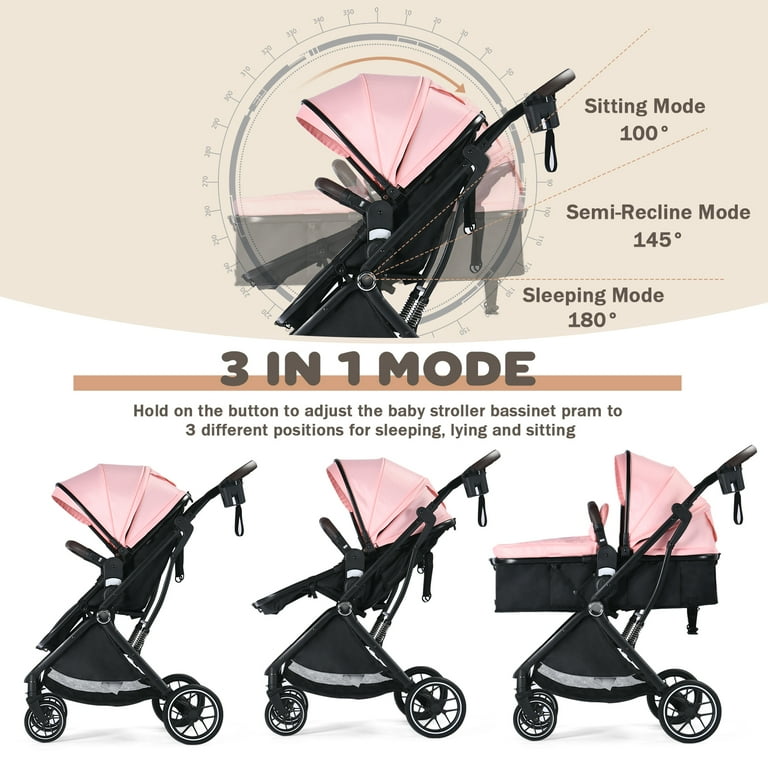 AILEEKISS Baby Stroller 3 in 1 Unisex Folding Infant Carriage Bassinet Stroller for Newborn Pink