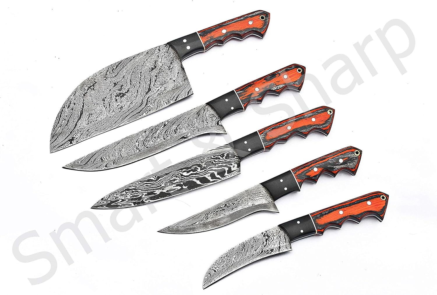 Smart & Sharp Custom Handmade Damascus Chef Knives Set/Kitchen Knives 5 Pieces Set 17211 (Orange)