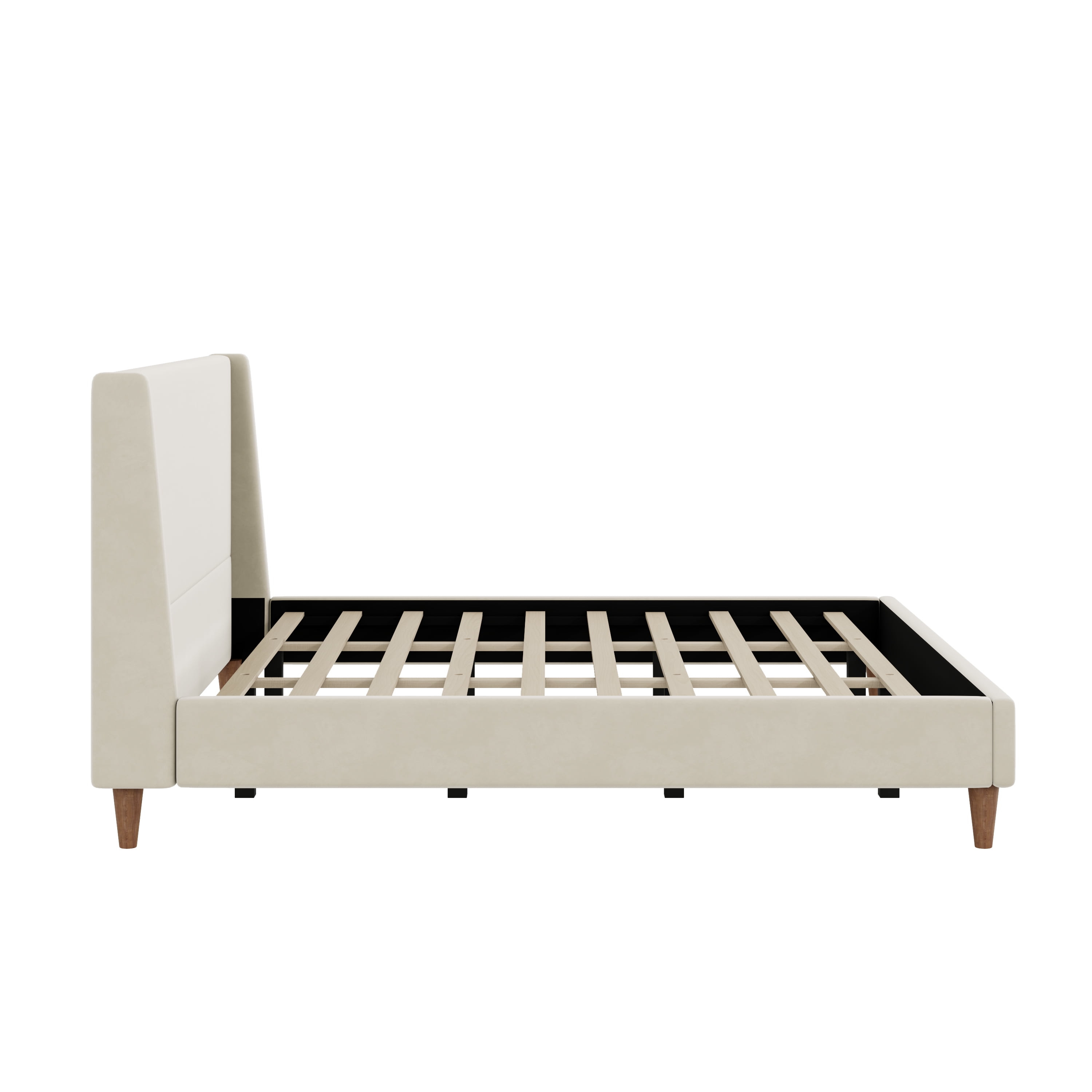 Euroco Upholstered King Size Platform Bed, Velvet Bed with Wingback Headboard, Beige