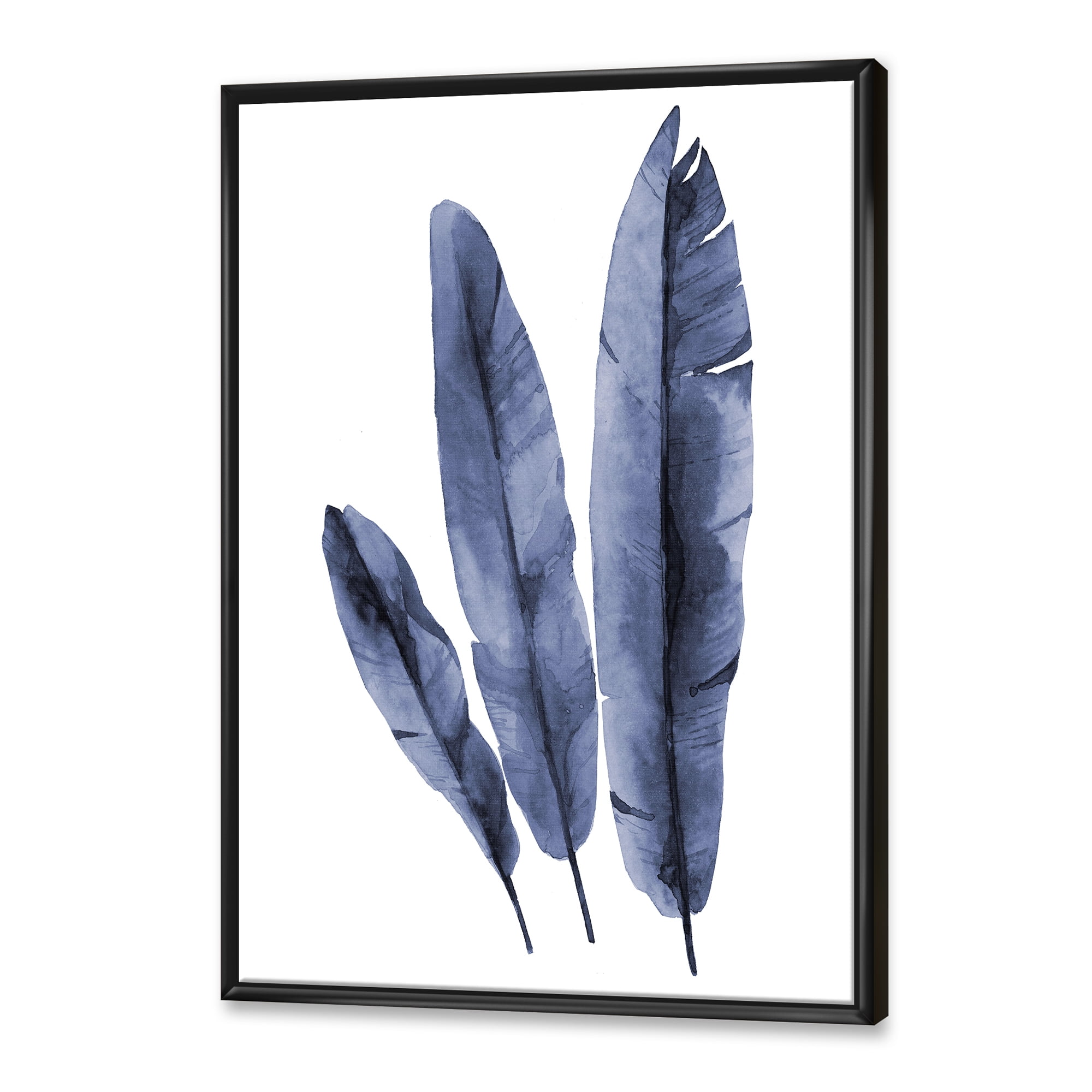 Designart 'Navy Blue Tropical Banana Leaves On White' Tropical Framed Canvas Wall Art Print