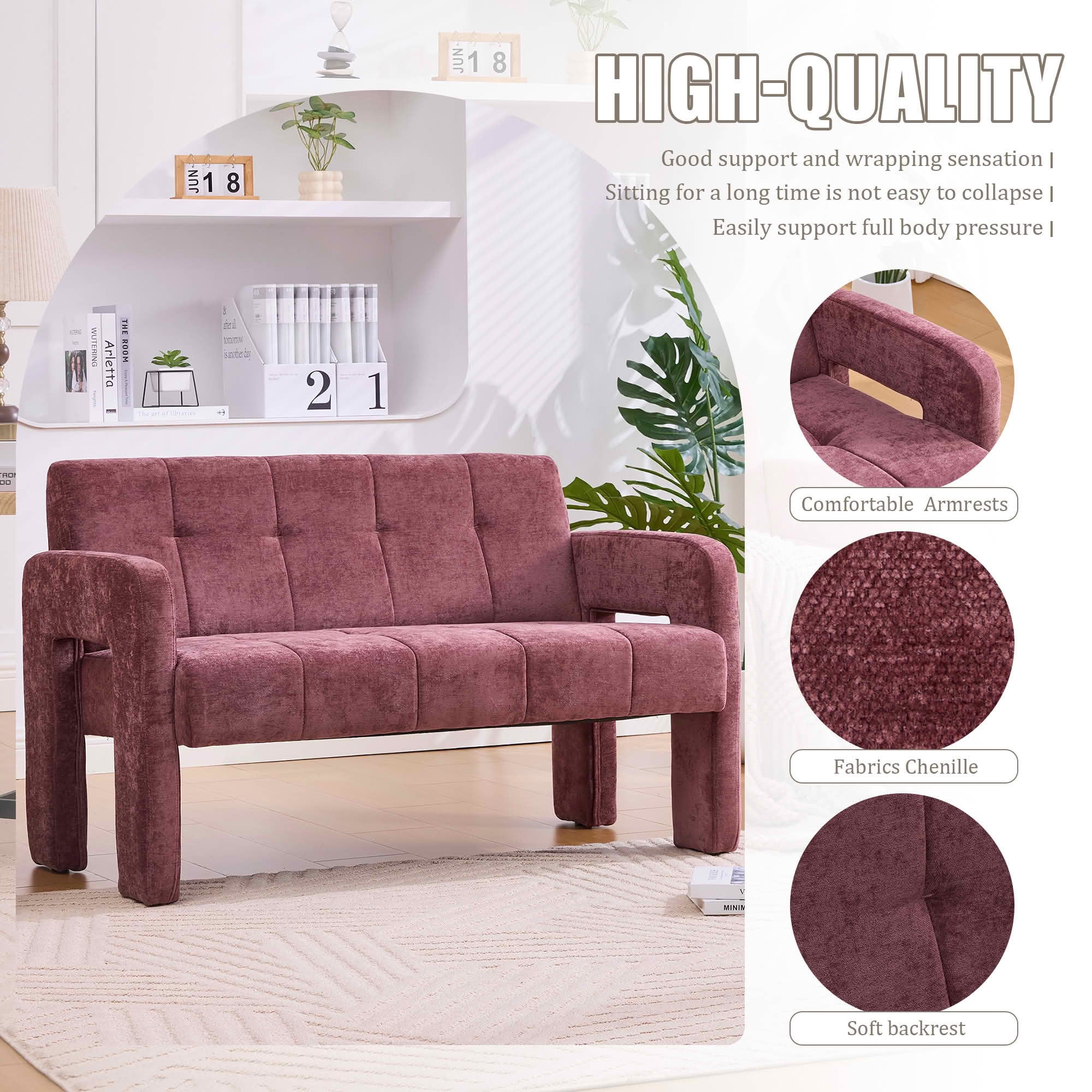 MAYEERTY Nordic Chenille 2-Seat Loveseat, Comfy Double Armrest Compact Leisure Sofa for Small Space Bedroom & Living Room